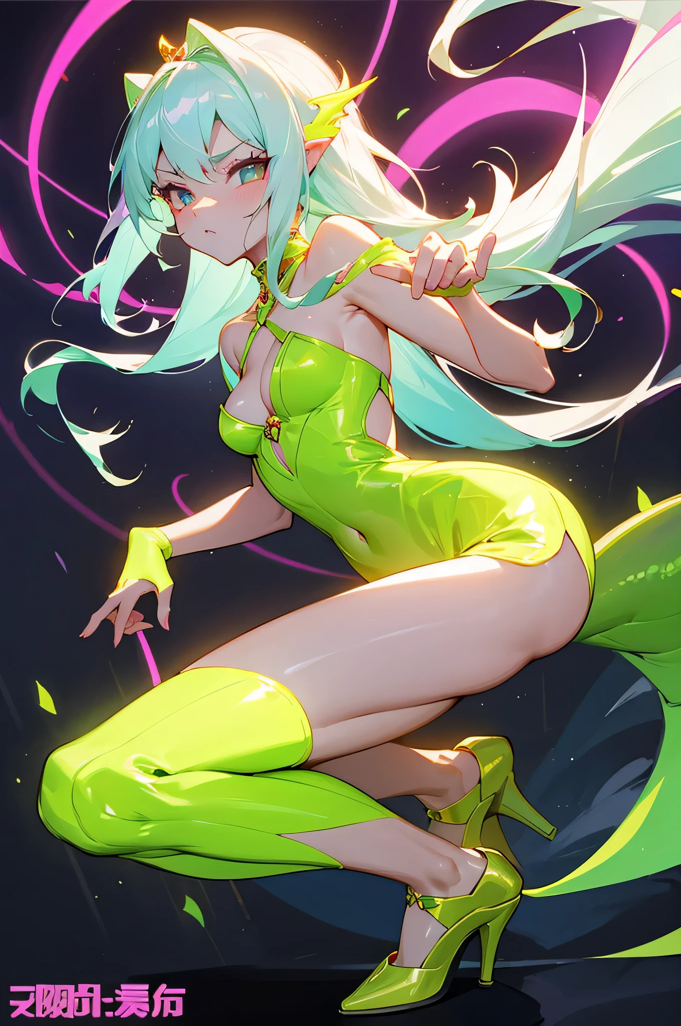gorgeous silver princess、Female Solo , Spanning the Dragon、Dragon Face、full body Esbian、Feeling of sprinting、long-haired、cleavage of the breast、Small breasts、Golden Shoes、green neon、look down on, Looking at the camera、mobster、 neon laser、Neon feeling、