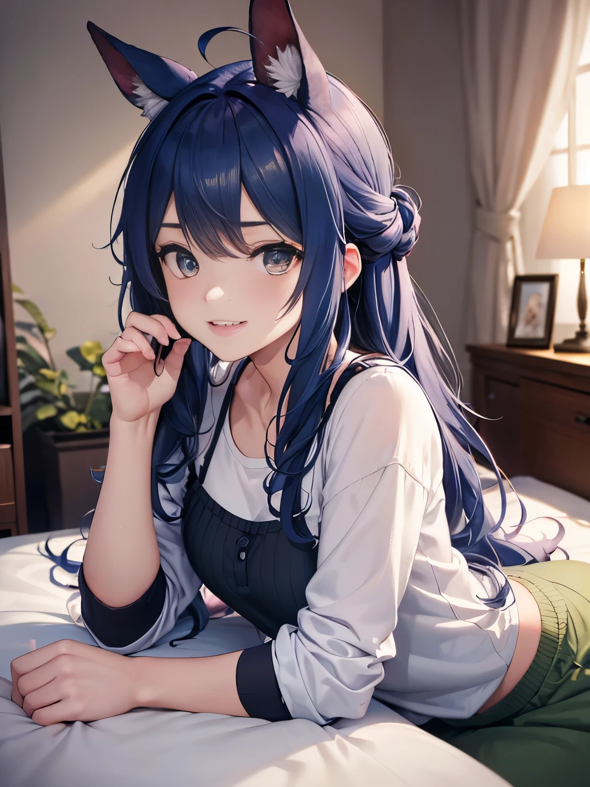 Obra maestra, La mejor calidad, Arte Oficial, (fondo de pantalla CG Unity 8k altamente detallado), Antecedentes detallados, (Manos de Guido Daniele: 1.1), pies fuera de marco, Vista en primera persona, 1, Mujer hermosa que es atractiva y perfecta, Acostado boca abajo en la cama, Alejarse, (maciza), (((somnoliento: 1.14))), (Sacar el trasero)))), (pijama, Ropa, ropa interior, muslos blancos: 1.12 (cabello largo azul: 1.12), (Ahoge: 1.13), (Cola de caballo alta: 1.12), (ojos verdes: 1.13), Mira al espectador, Grande, (escote), Cara hermosa, (sonrojarse: 1.11), (They are smiling: 1.11)