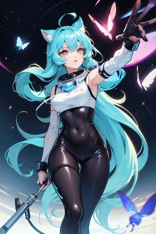 Long-haired sexy and cute Cologne girl with butterfly tattoo and cat ears wearing astronaut style tights under the distant starlight, as they approach a giant meteor,Their bodies are weightless. The setting is a perfect blend of science fiction and retro comic art, a visual feast.