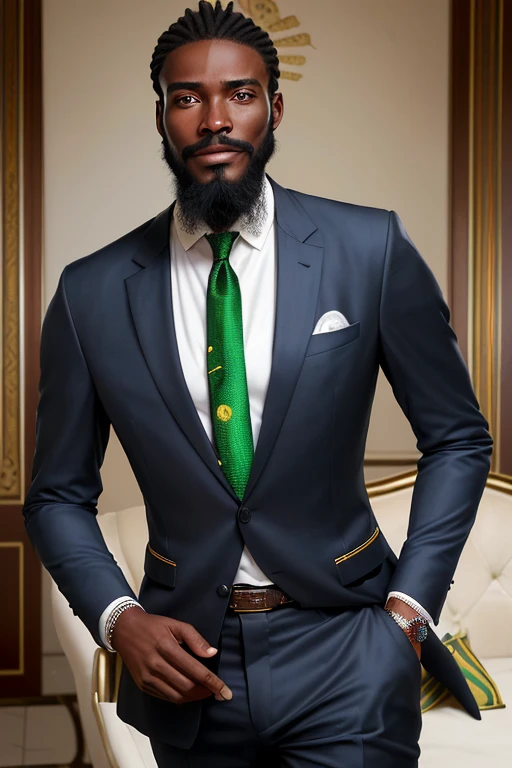 attrayant homme africain de 30 ans en costume d’affaires Hugo patron , Belle barbe , Exécutif Sexy Homme, Terno donc, Mise au point de la caméra frontale, Mode portrait, parfaitement droit devant la caméra