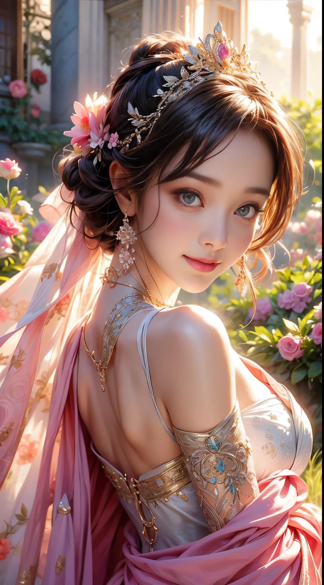 The Girl&#39;eyes were shining with joy, her lips were slightly curved，show a gentle smile. The sun casts a warm golden light on her face, Enhance her beauty. Flower colors are bright pink and purple、Rich in gentle pastel colors。, Create harmonious and visually pleasing works. Lighting is soft and diffuse, Creates a dreamy and fantastic atmosphere. girl standing in the middle of the field, Please raise your arms a little, Enveloping the beauty of nature. The composition is carefully balanced, girl&#39;The position is off center, Create a sense of movement and vitality. The details of the flowers are very carefully drawn., Carefully expressing each petal and leaf.. The Girl&#39;The skirt wraps her elegantly, Adds elegance and femininity to the scene. all inclusive, Works that evoke joyful feelings, relax, and appreciation for the beauty of nature........