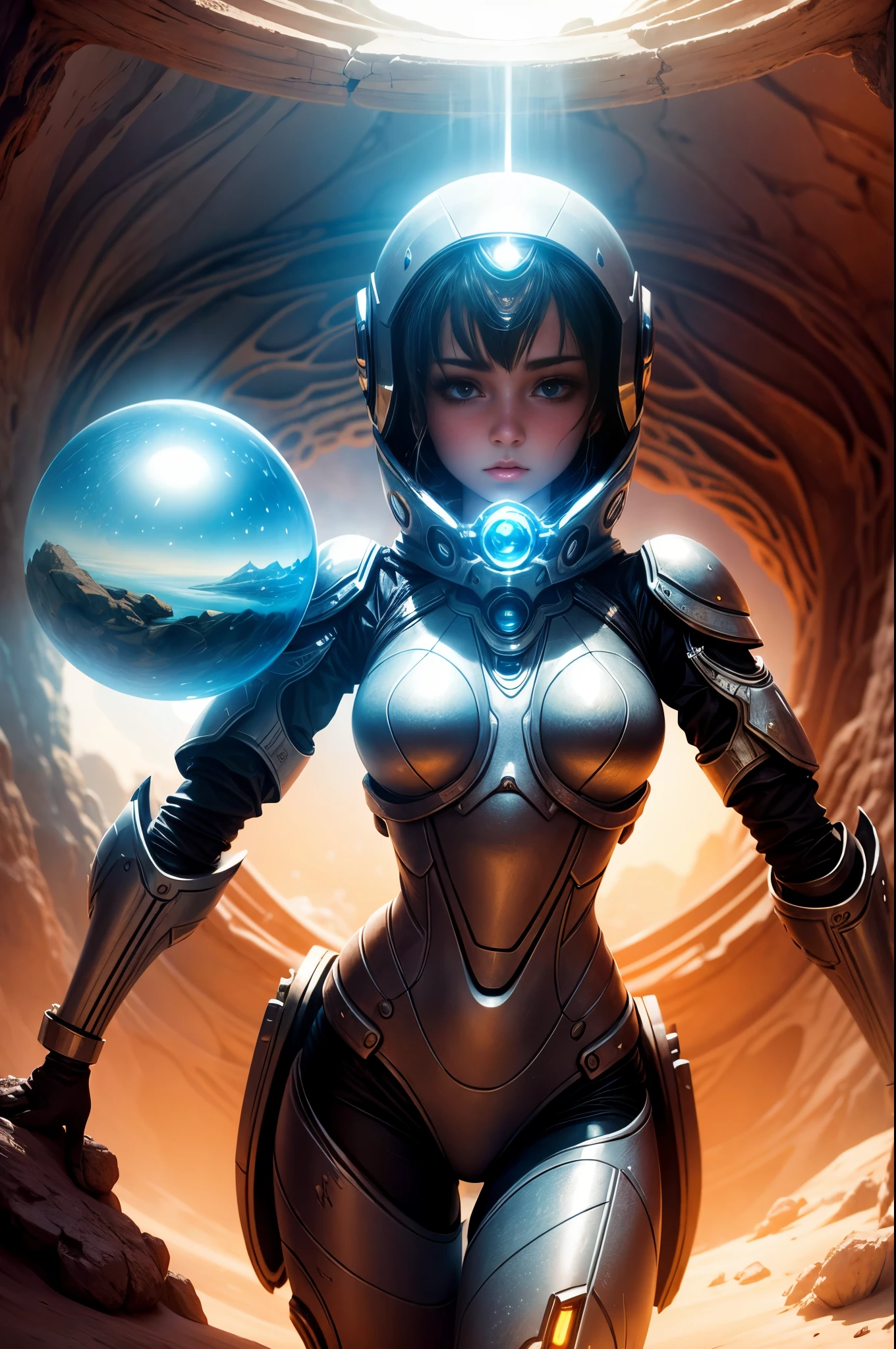 "((Mystical)) glass ball held by a girl in a robot dunes environment, (fantasy) setting, soft sunlight, best quality, high resolution, detailed, ((ethereal atmosphere)), (whimsical composition)."