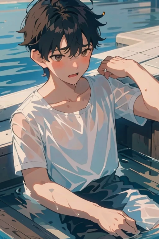 a boy is sitting in the water, ((wetting hair))、Collected wet clothes in the southeast.、bare shoulders、colorless hair,(( shorth hair)), with brown eye, Clear lake,, reflective light, 8K, Super Detail, high details, high details, Best Quality、(((Orgasm expression)))、Opening Mouth、cum in mouth、cum shots,Torn clothes,