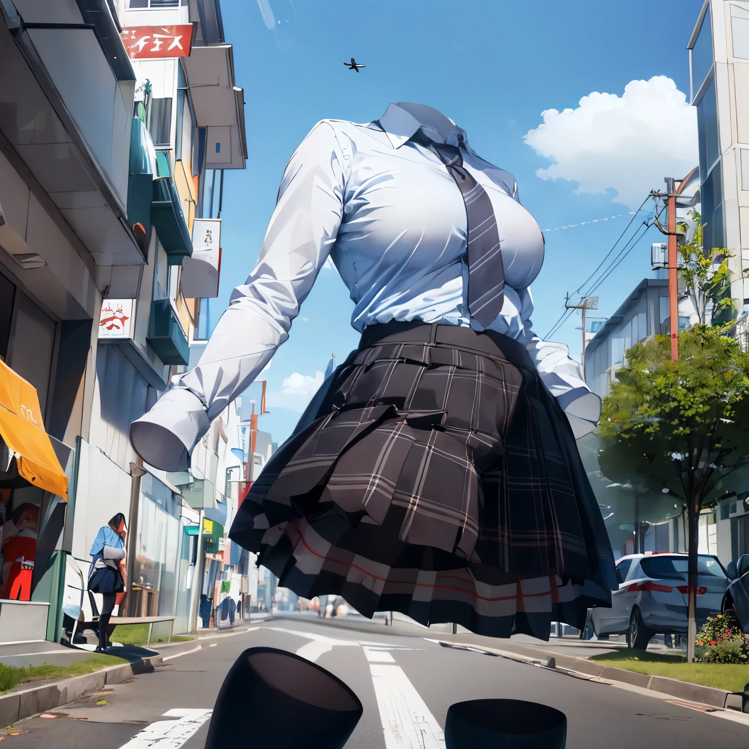 absurdres, highres, ultra detailed, school uniform, stripe tie, plaid skirt, cute big breasts, (invisible, no human, headless, handless:1.5), chubby, fat, from below