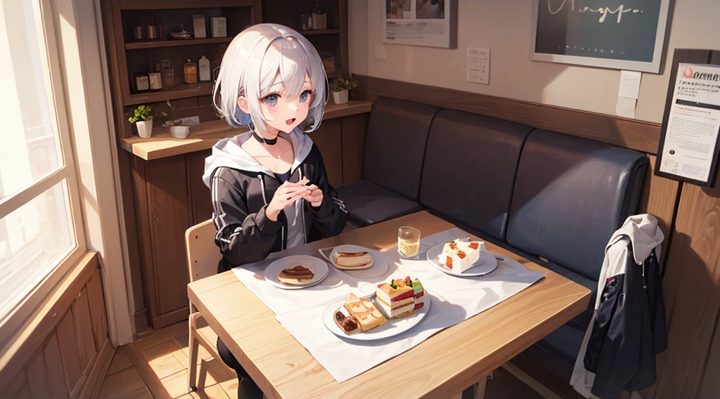 Ultra-high image quality,Look at viewers, hands behind back, girl with, 20 years old, Very short hair, long bangs between eyes, blue eyess,Black eyes, Hoodie, Skirt , Extremely detailed,(masterpiece、top-quality),White hair、A smile、Fantastical, Silver hair,, Hoodie, White hoodie,a black skirt,Hair is short,White jacket, Casual style,Open jacket, , look down from above、open open mouth、5 fingers、sit a chair、Dining at the café、eating cakes、collarbone visible