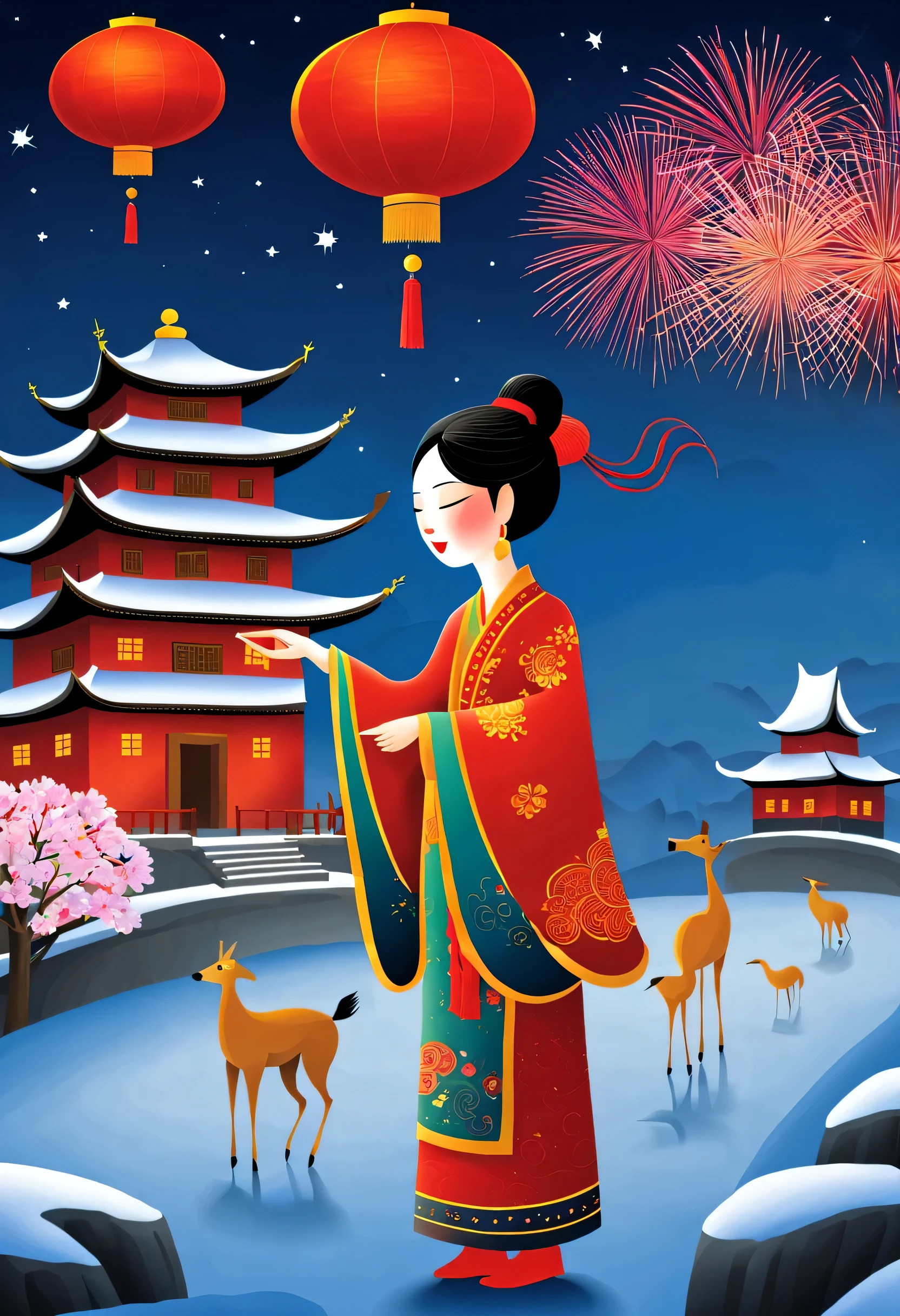Iwona Lifsches Style，Chinese folk stilt performance，Fireworks bloom in the night sky，Background with：Rural temple fairs，Lunar New Year Snow Night，Red lanterns，