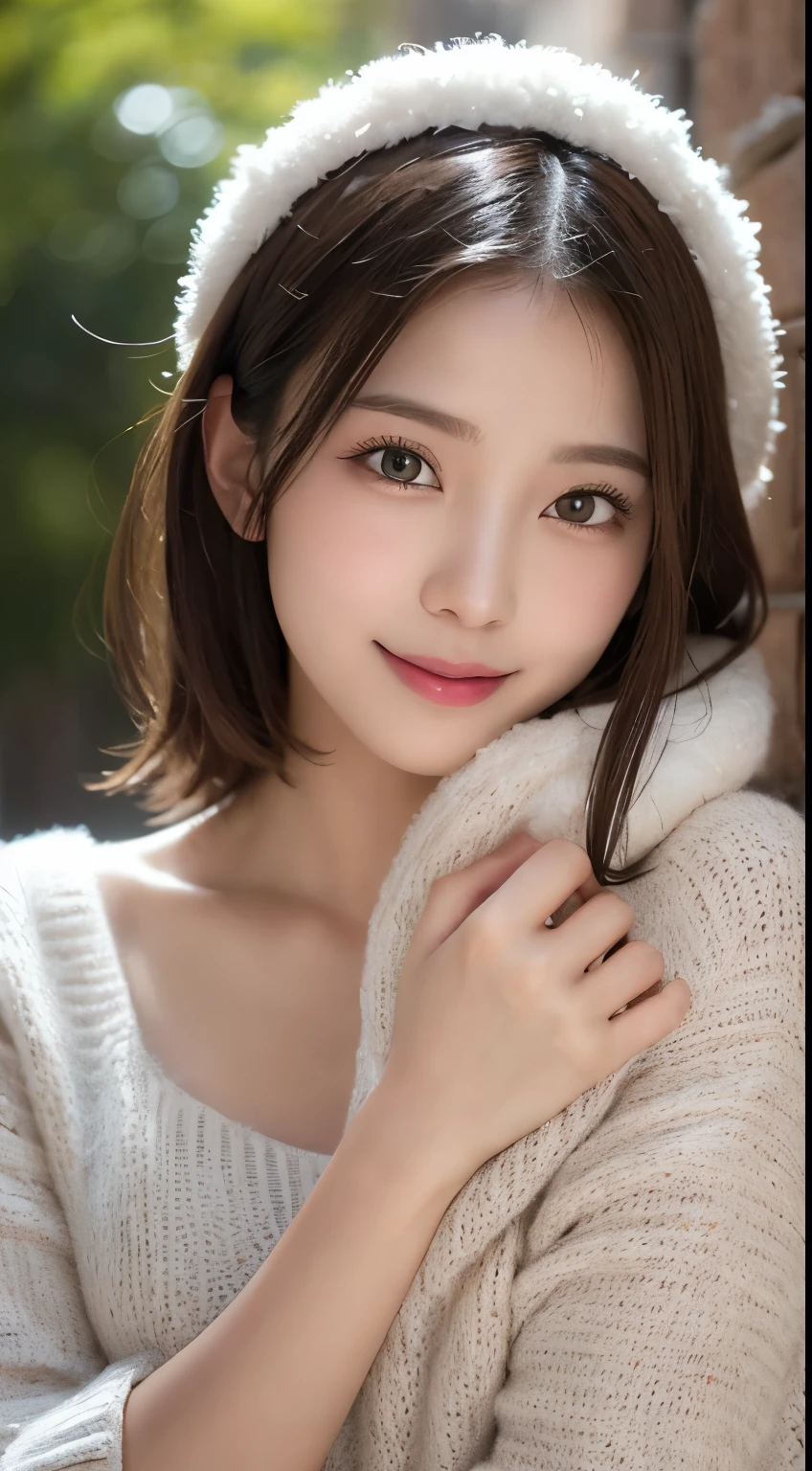 masutepiece, Best Quality, Illustration, Ultra-detailed, finely detail, hight resolution, 8K Wallpaper, Perfect dynamic composition, Beautiful detailed eyes, Fluffy and stylish winter clothes,Medium Hair,Smaller chest、Natural Color Lip, Bold sexy poses,Smile,20 years girl、Cute、Sexy shot looking at camera、Beautiful detailed face、Perfect and beautiful face、slim face and style