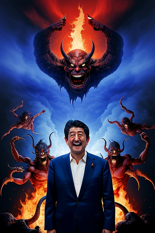 abe shinzo, in hell, with crowd of demons, fun, dynamic pose