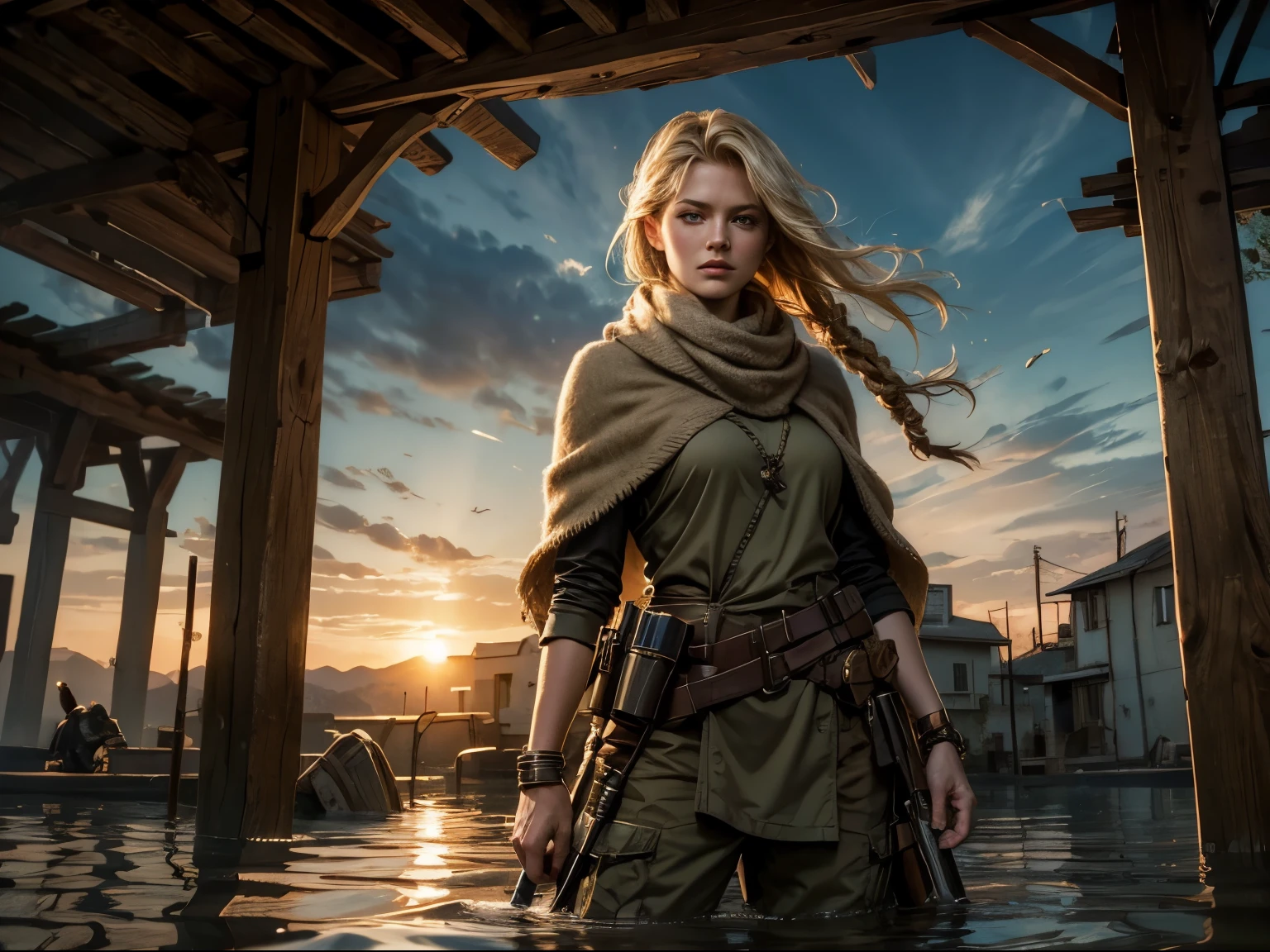 Photorealistic, book cover mockup, dramatic lighting, close-up of Sorcha Groundsell squeezed to the right, scruffy khaki poncho, keffiyeh, khaki trousers, equipment belt with gun holster and knife sheath, pale blue eyes, braided blonde hair, fierce expression, overgrown flooded town with bulrushes, at sunrise