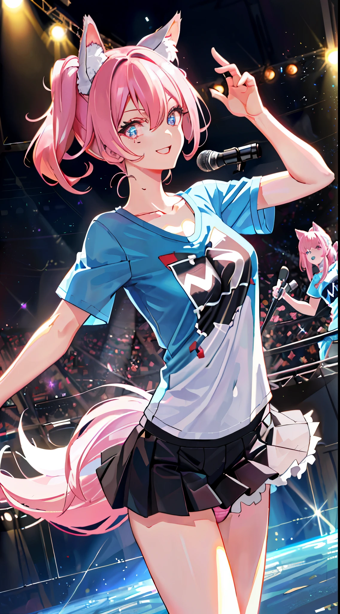 Dynamic Angle, ((((Detailed eyes and detailed face: 1.2))))), ((Perfect human hand, super detailed human 5 fingers)))), ((Perfect human foot)), Upper body, 2 girls, Smile, Wolf ears, Wolf tail, Pink eyes, hair between eyes, (Wink)))), D cup, cleavage, striped hair, (Colorful hair color: 1))))), (( ( Random hair color: 1))), variegated hairstyle: 1, twin tails, ultra-detailed gradient hair, (((T-shirt with the kagenari logo))), professional designer, fashion leader, ruffled dress, love live, jewelry, backstage, best stage, climax, professional stage, (holding the microphone in your left hand and singing emotionally, overflowing emotions, Best smile))), singers, vocalists: 1, idols, divas, professional stage, professional lighting, live lighting, averting gaze, fan service: 1, ((((satellite photo seen from the audience)))), ((((Panchira, cute panties))))