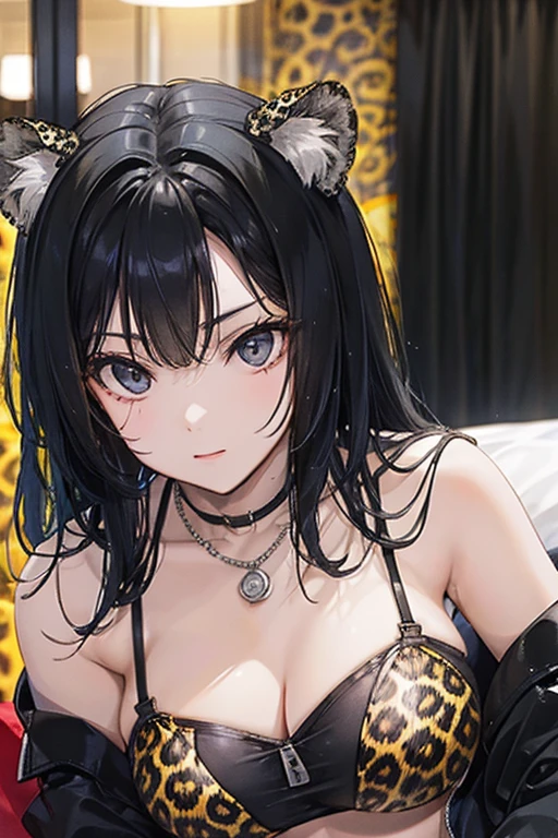 black hair, black eyes, Sexy, large breasts, a leopard print bikini, a hotel bedroom