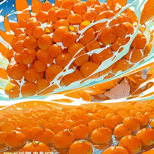 Kindergarteners covered in oranges jump while offering bouncing oranges、Amazing dynamism、Amazing Angle、Sandstorm of unstable splitting power、(Lots of friendly little oranges jumping and chasing each other.)、(surround each other&#39;A large amount of bound mandarin oranges)