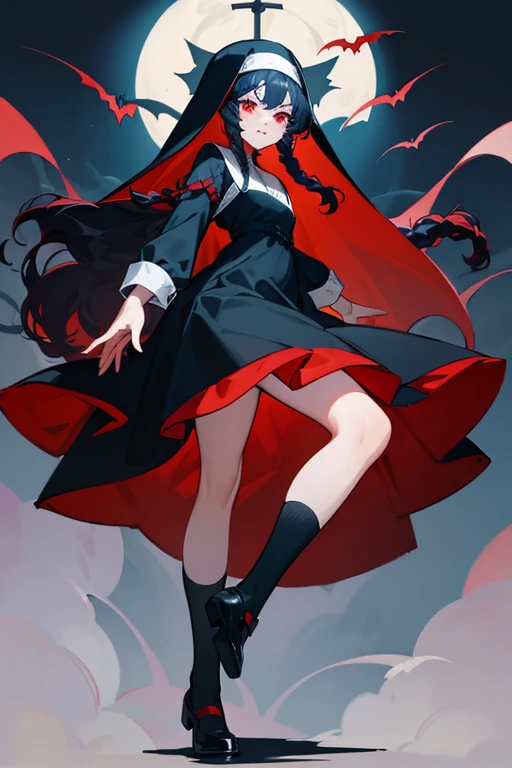 dark blue hair.Perm hair. long wavy hair. curly hair. Oh Dae Oh bangs. Red Eyes. Black nun's dress braided like rice. white knee socks. black shoes.No hat.low saturation.Vampire