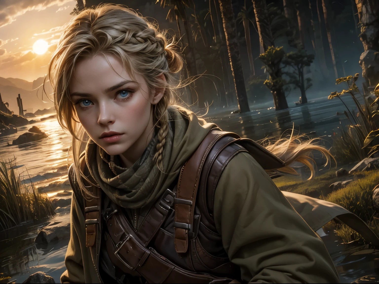 Photorealistic, book cover mockup, dramatic lighting, close-up of Sorcha Groundsell squeezed to the right, scruffy khaki poncho, keffiyeh, khaki trousers, equipment belt with gun holster and knife sheath, pale blue eyes, braided blonde hair, fierce expression, overgrown flooded town with bulrushes, at sunrise