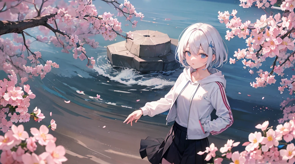 Ultra-high image quality,Look at viewers, hands behind back, girl with, 20 years old, Very short hair, long bangs between eyes, pale blue eyes, Hoodie, Skirt , Extremely detailed,(masterpiece、top-quality),white hightastic, Silver hair, Black eyes, Hoodie, White hoodie,a black skirt,Hair is short,White jacket, Casual style,Open jacket, Cowboy Shot、Fluttering hair ,profetional lighting,fantastic landscape,Blue sky, Sunlight,look down from above、facing front、fountain in the forest、flower field、cherry blossoms falling、5 fingers