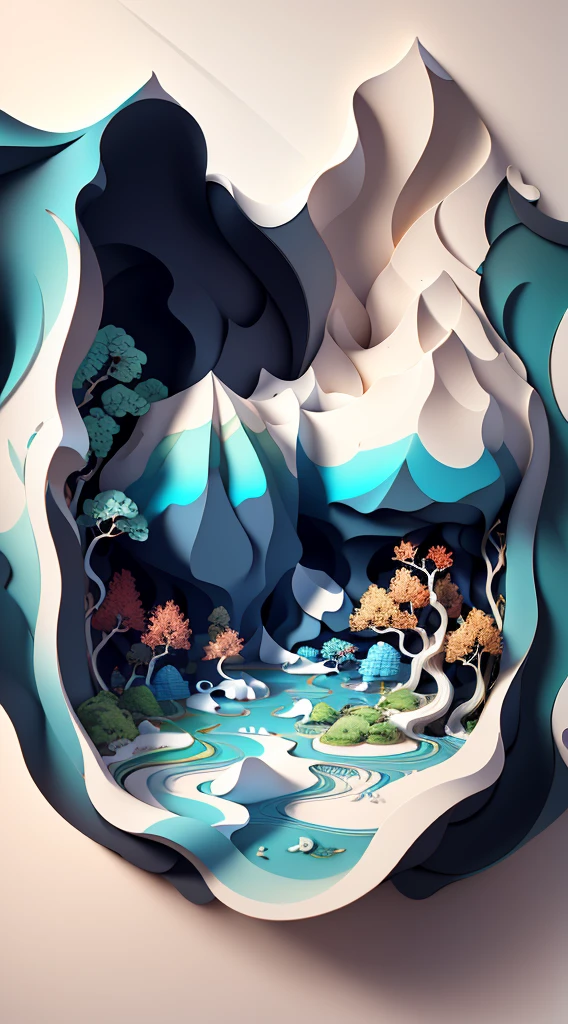 Traditional Chinese landscape painting, creation, 3D stereoscopic rendering, color gradient from white to light blue, 4K resolution, and natural composition, :white background, fresh and vulgar style. (:nature:)