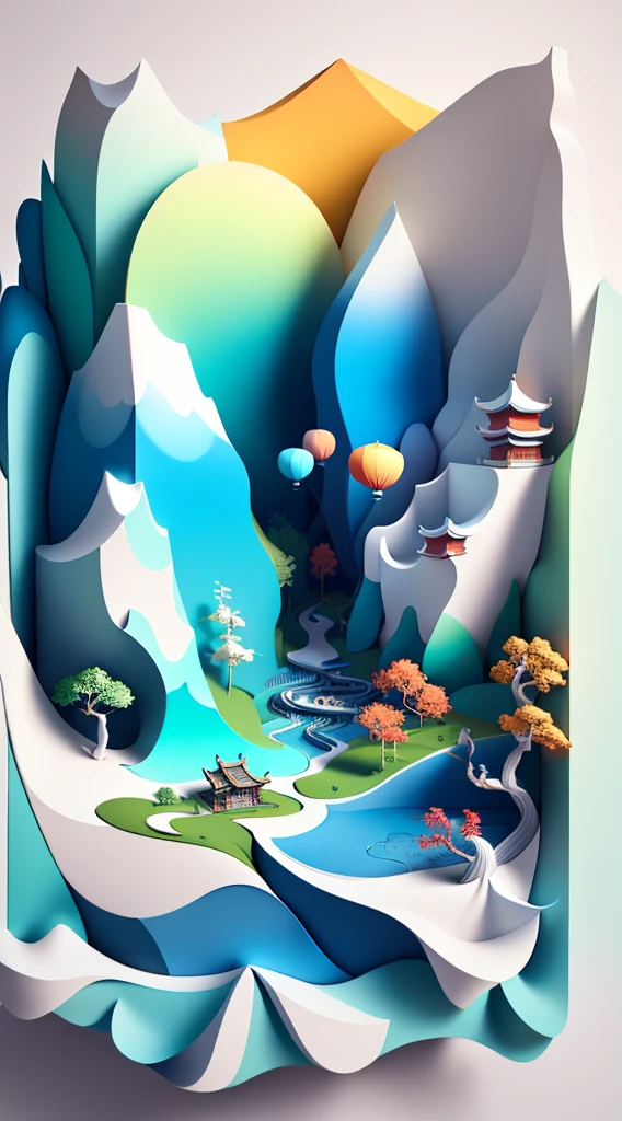 Traditional Chinese landscape painting, creation, 3D stereoscopic rendering, color gradient from white to light blue, 4K resolution, and natural composition, :white background, fresh and vulgar style. (:nature:)