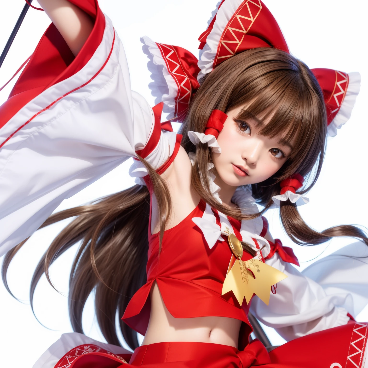 Girl in red and white dress with bow and red hat, reimu hakureiの芸術的レンダリング, reimu hakurei, from touhou, Moe Art Style, zerochan art, makoto kano, touhou character, Ayaka Genshin Impact, official artwork, Cute waifu in a nice dress, sakimichan