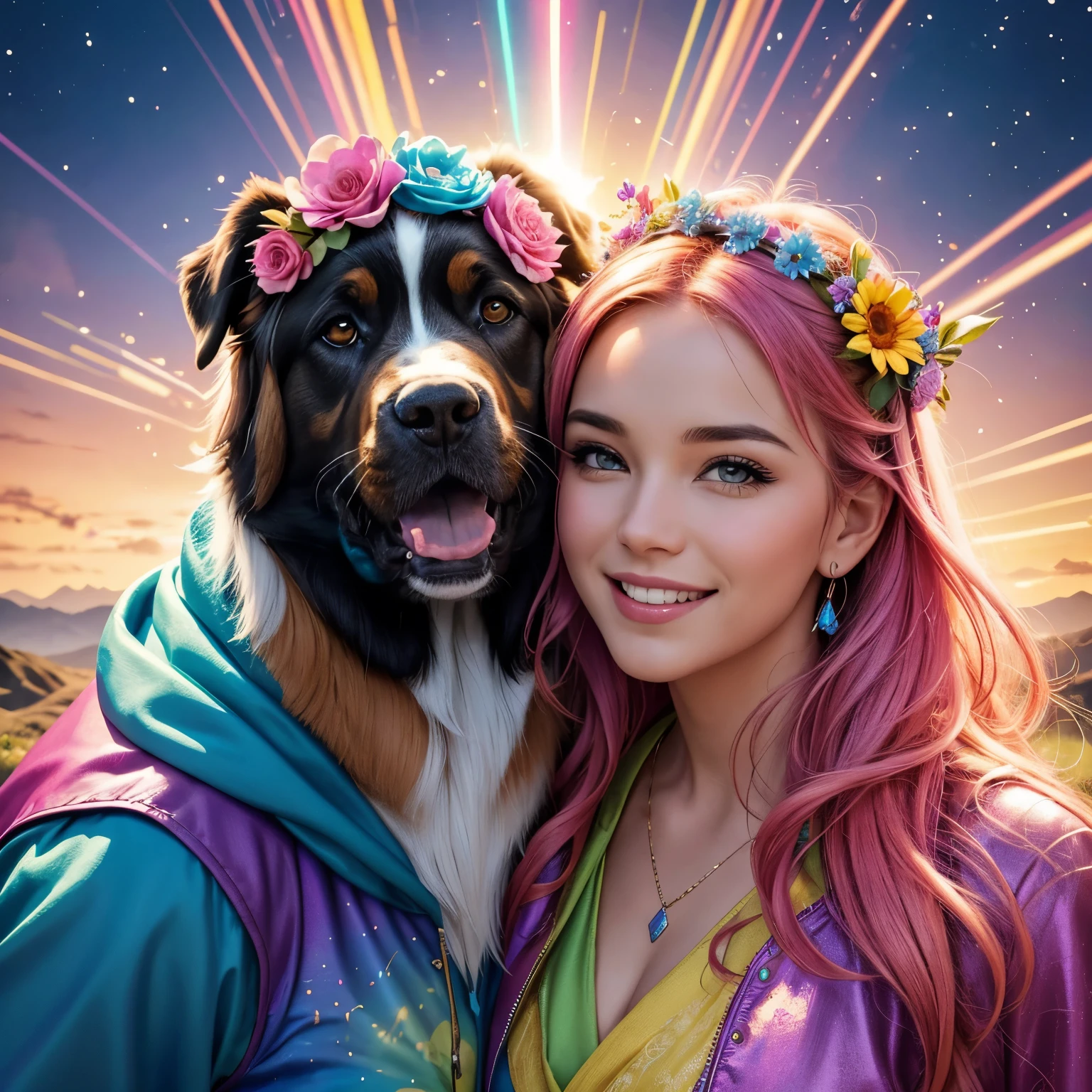 A master and Saint Bernards in the style of Lisa Frank, (best quality,4k,8k,highres,masterpiece:1.2),ultra-detailed,(realistic,photorealistic,photo-realistic:1.37), colorful and vibrant, glowing, dreamlike, neon lights, detailed fur and features, sparkling eyes, vivid backgrounds, magical aura, rainbow colors, fantasy world, playful characters, joyful expressions, enchanting scenery, surreal elements, glowing sunsets, whimsical clouds, flower crowns, wild nature, energetic poses, cheerful atmosphere, dynamic movement, magical transformation, vibrant patterns, pop art, whimsical style, cartoonish elements, fantastical art, full of life, magical bond between the master and the Saint Bernards