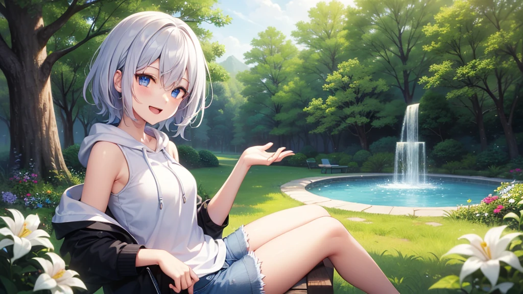 (masutepiece: 1.2, Best Quality), 1 Lady, Solo, silber hair,Shoulder out,Very short hair, long bangs between eyes, blue eyess,Black eyes, Hoodie,White hair, Silver hair, Hoodie, White hoodie、blue-sky、fountain in the forest、flower field、sit a chair、A smile、open open mouth、5 fingers
