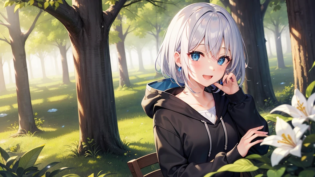 (masutepiece: 1.2, Best Quality), 1 Lady, Solo, silber hair,Shoulder out,Very short hair, long bangs between eyes, blue eyess,Black eyes, Hoodie,White hair, Silver hair, Hoodie, White hoodie、blue-sky、fountain in the forest、flower  field、sit a chair、A smile、open open mouth、5 fingers