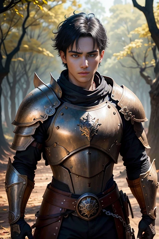(Young 19 year old men), (Caucasian with fiery black hair, ojos brillantes, expresiones faciales feroces) (imagen de cuerpo completo) (cuerpo delgado: 0.8) (armadura medieval de guerrera intrincadamente detallada, capa forrada de piel, corona enjoyada), Their armor is rusted by leaves and wood. seria, extremadamente barroca, postura de ataque, hilt, sosteniendo una cimitarra, Full Scene Action, fondo de bosque, luz solar tenue, verdor, Heroic Fantasy Style, Dramatic lighting with strong contrasts of light and shadow,  (obra maestra: 1.4), (fotorrealista: 1.2), (la mejor calidad), (8k),  (cinematography lighting) (foco nítido),  (epic composition) (Super detail), (ultra HD), Funny whimsical epic movie poster, (disparo a nivel de los ojos) , (Pro Lighting: 1.25)