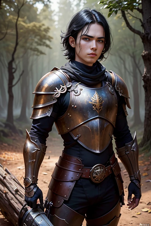 (Young 19 year old men), (Caucasian with fiery black hair, ojos brillantes, expresiones faciales feroces) (imagen de cuerpo completo) (cuerpo delgado: 0.8) (armadura medieval de guerrera intrincadamente detallada, capa forrada de piel, corona enjoyada), Their armor is rusted by leaves and wood. seria, extremadamente barroca, postura de ataque, hilt, sosteniendo una cimitarra, Full Scene Action, fondo de bosque, luz solar tenue, verdor, Heroic Fantasy Style, Dramatic lighting with strong contrasts of light and shadow, (obra maestra: 1.4), (fotorrealista: 1.2), (la mejor calidad), (8k), (cinematography lighting) (foco nítido), (epic composition) (Super detail), (ultra HD), Funny whimsical epic movie poster, (disparo a nivel de los ojos) , (Pro Lighting: 1.25)
