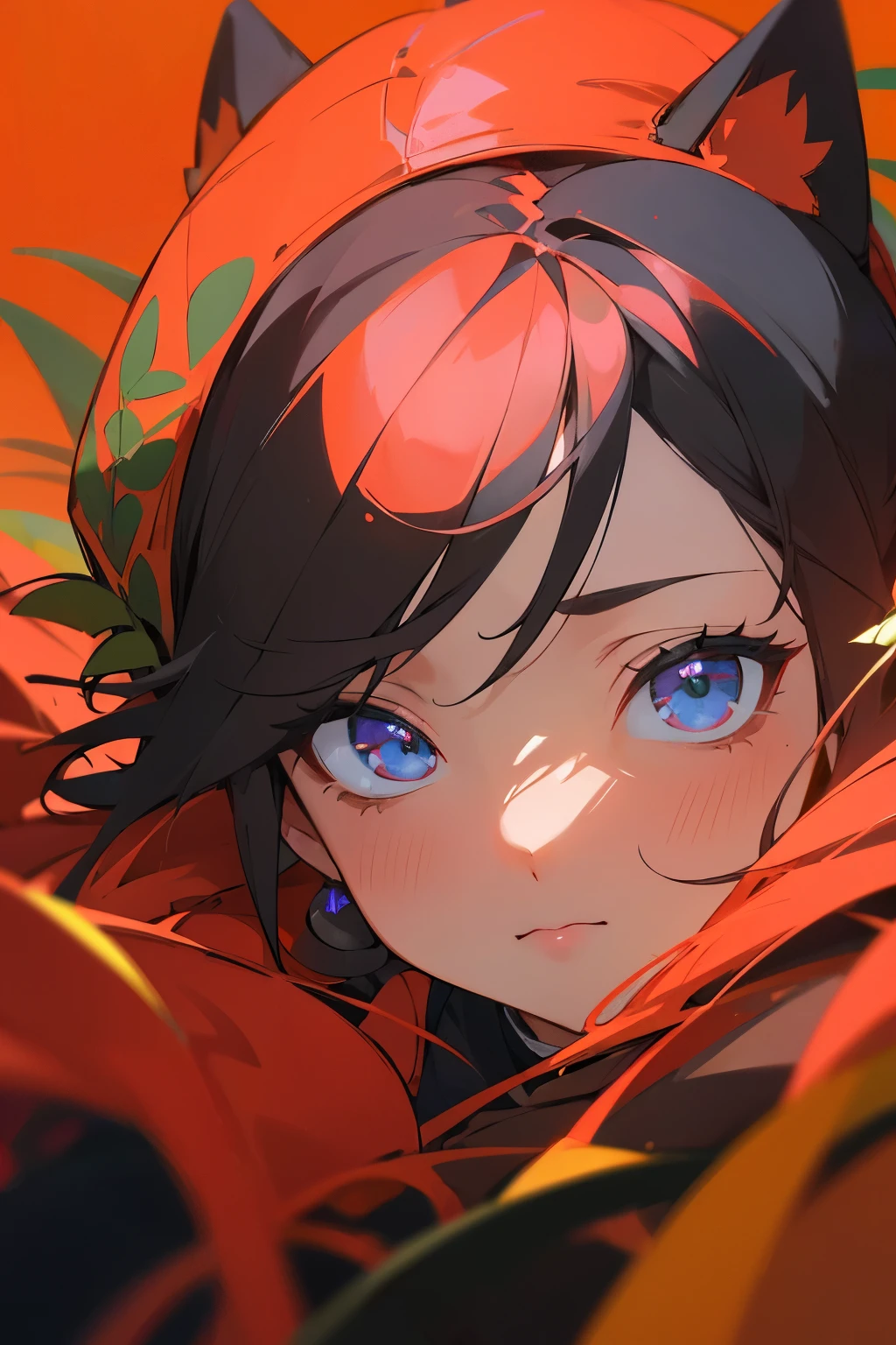 (high resolusion,Obra maestra:1.2),vivid colors,Hermosos ojos de detalle,hermosos labios detallados,long eyeslashes,abrigo negro,pelaje esponjoso,cute expression,Gracia felina,Let's move on to the camera,sobre fondo rojo,Vegetation and plants on stage.