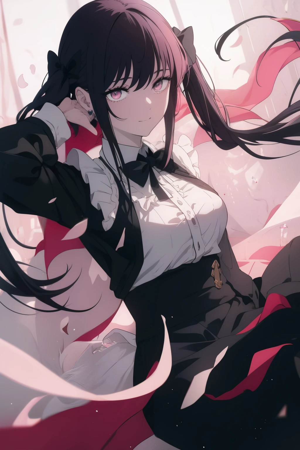 (masterpiece),(best quality),1girl,solo,long_hair,looking_at_viewer,smile,bangs,skirt,_background,shirt,black_hair,long_sleeves,bow,twintails,monochrome,hair_bow,heart,frills,shoes,bowtie,green_eyes,bra,heart-shaped_pupils,green_background,pink_shirt,arms behind back,jirai_kei,closed mouth,