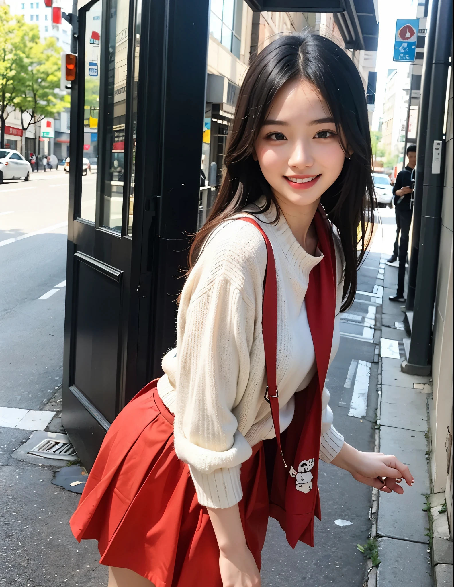 High image quality, Bright light, Excellent transparency. Modern city street environment, Background of skyscrapers and traffic jams. Girl Standing On The Sidewalk, Smile and confidently make your eyes shine. Elegant and natural pose, Trendy streetwear and sophisticated accessories that express your personality. and natural makeup. Single photo, Bright and soft light, Suitable for focusing to highlight girls, Slightly blurred background to add layers. The composition is clever, The girl is on one side, Leave enough space in the background. Carefully post-processed with bright and vivid colors.Smiling.