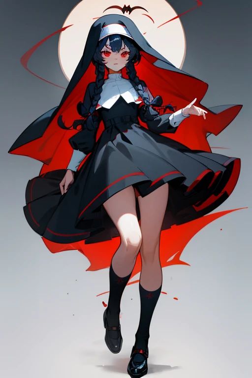 dark blue hair.Perm hair. long wavy hair. curly hair. Oh Dae Oh bangs. Red Eyes. Black nun's dress braided like rice. white knee socks. black shoes.No hat.low saturation.Vampire.purity