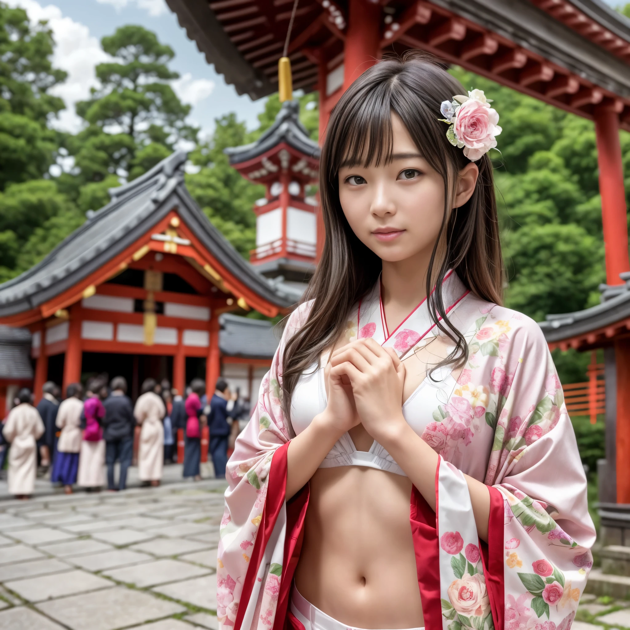(Raw photo:1.2), (Photorealistic), Beautiful detailed girl, Very detailed eyes and face, Beautiful detailed eyes, Huge file size, High resolution, Very detailed, Best Quality, [masutepiece:1.6], Illustration, Very detailed, Fine detail, Best Quality, 8K Wallpaper, Movie Lighting, 1girl in, japanes, 15yo girl, New Year&#39;s visit to Japan, At the New Year&#39;s Shrine, Pray, wear kimono, Her kimono is peeling off and her white bra is visible., torii gate, new year hair ornament, 背景にそびえ立つtorii gate, tiny chest, Young Face, Longhaire