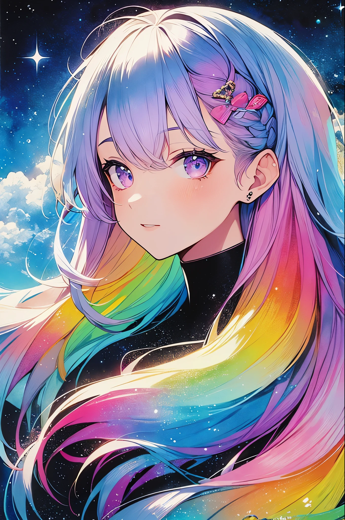 (masterpiece, top quality, best quality,watercolor (medium),official art, beautiful and aesthetic:1.2),(1girl:1.3), (fractal art:1.3),upper body, from side, looking at viewer,patterns,(rainbow color Hair,colorful hair,half blue and half pink hair:1.2),water,liquid, cloud,colorful, starry,stars,