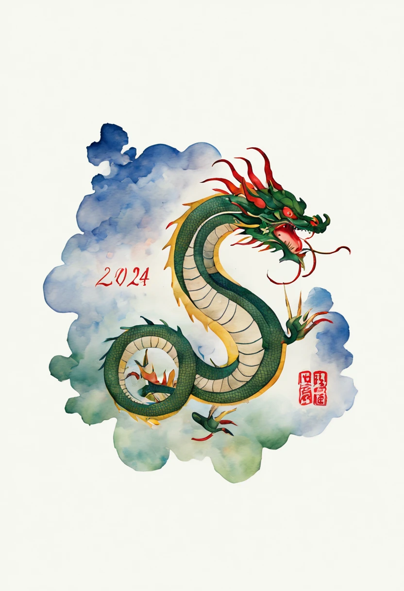 (Best Quality,Ultra-detailed,hight resolution:1.2), (ink and watercolor painting:1.5), japanese new year&#39;Greetings, (((Logo "Happy New Year 2024":1.5))), (shenron:1.5), (detailed Logo illustration:1.5)
