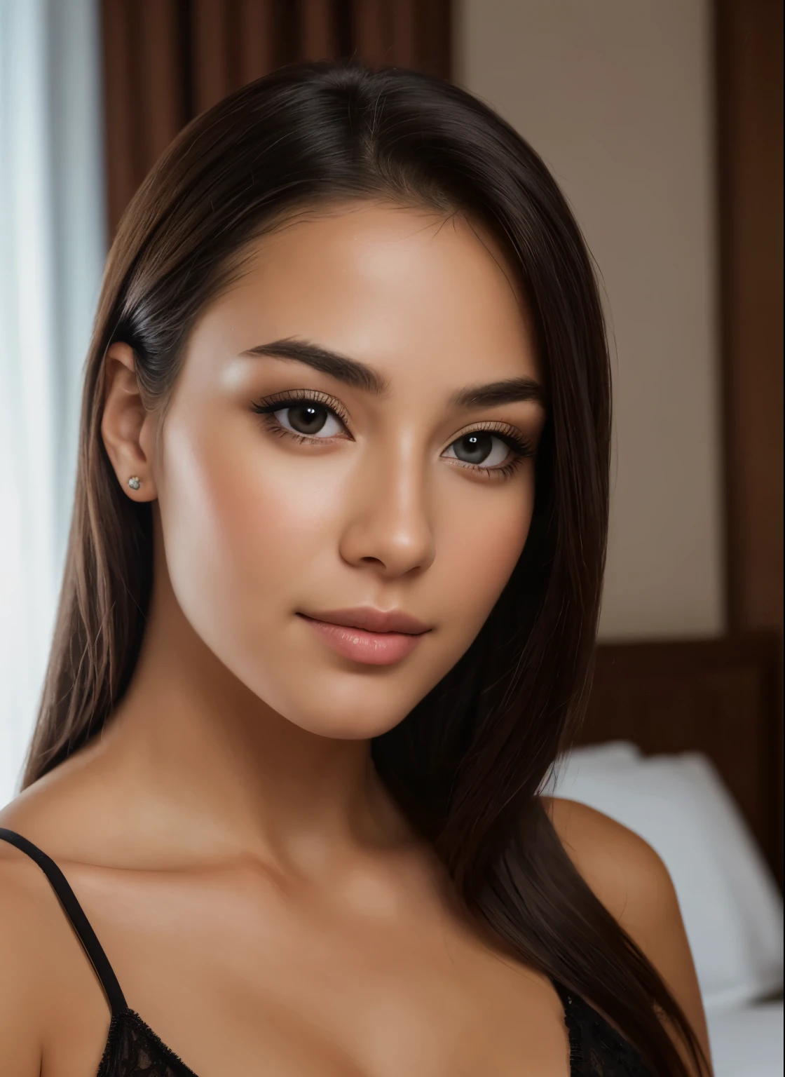 a beautiful girl, realistic , 4k, beautiful face , portrait , waring black suite, at hotel room