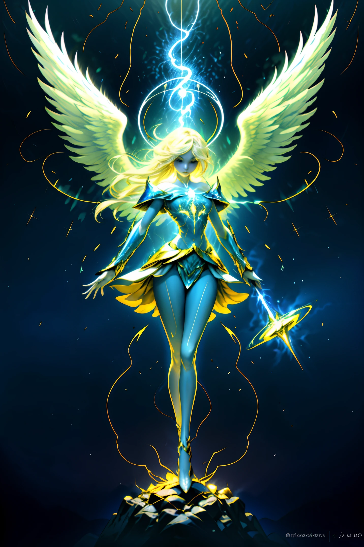 Obra maestra, (La mejor calidad:1.2), [:Detalles intrincados:0.2], 1girl, senos grandes, angel, angel wings, Volantes blancos, (cielo diurno), Aura brillante, intense focus, crackling energy, mysterious symbols, motas brillantes,