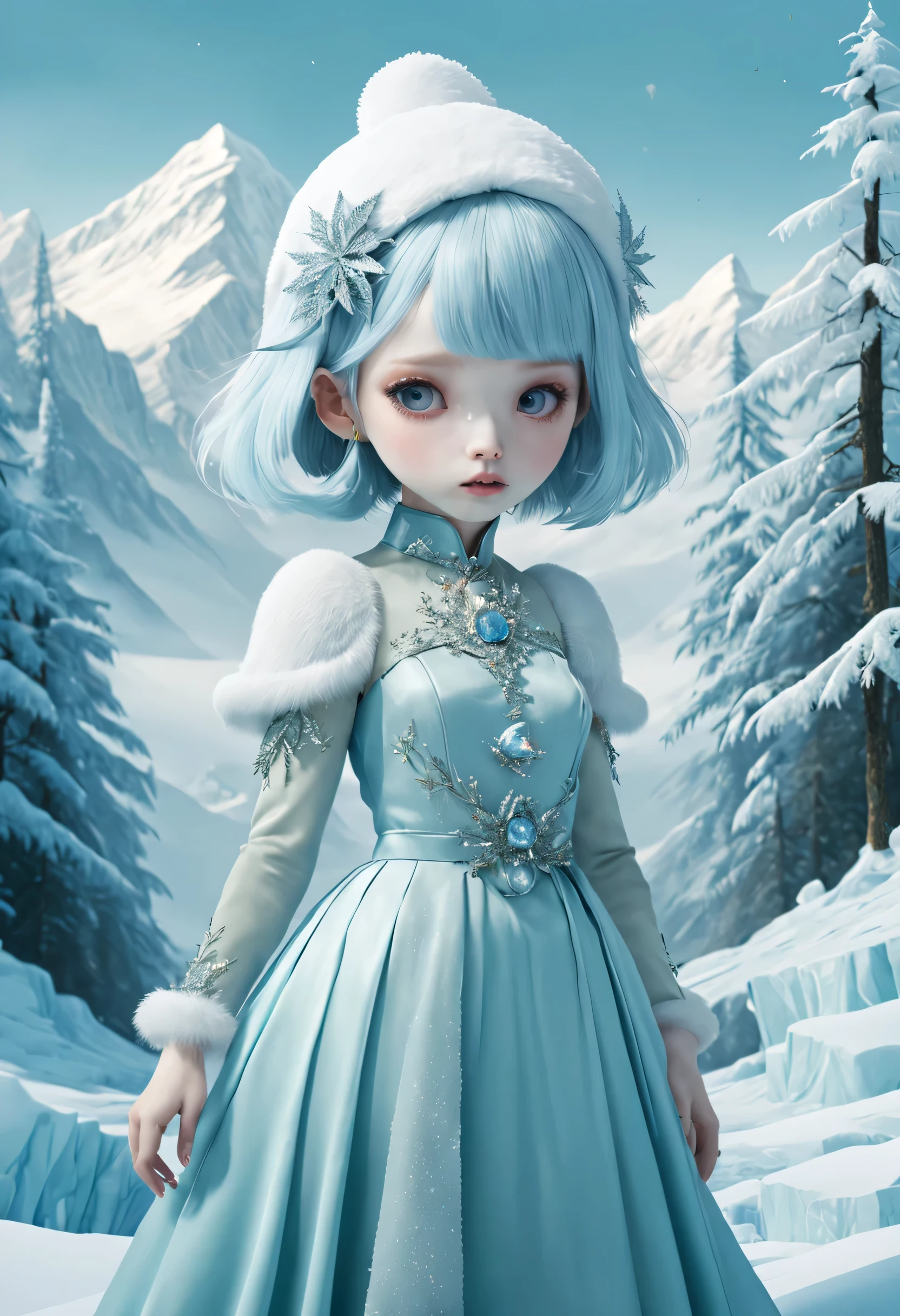 Cute Kawaii Ethereal Glacier Theme 2024 New Year Theme Fashion, Nara beauty design, Ray Caesar, and Liu Ye, Featuring magical scenery, mist-shrouded snowy mountains, and forest environments ❄️🌨️⭐ : 🌟✨,