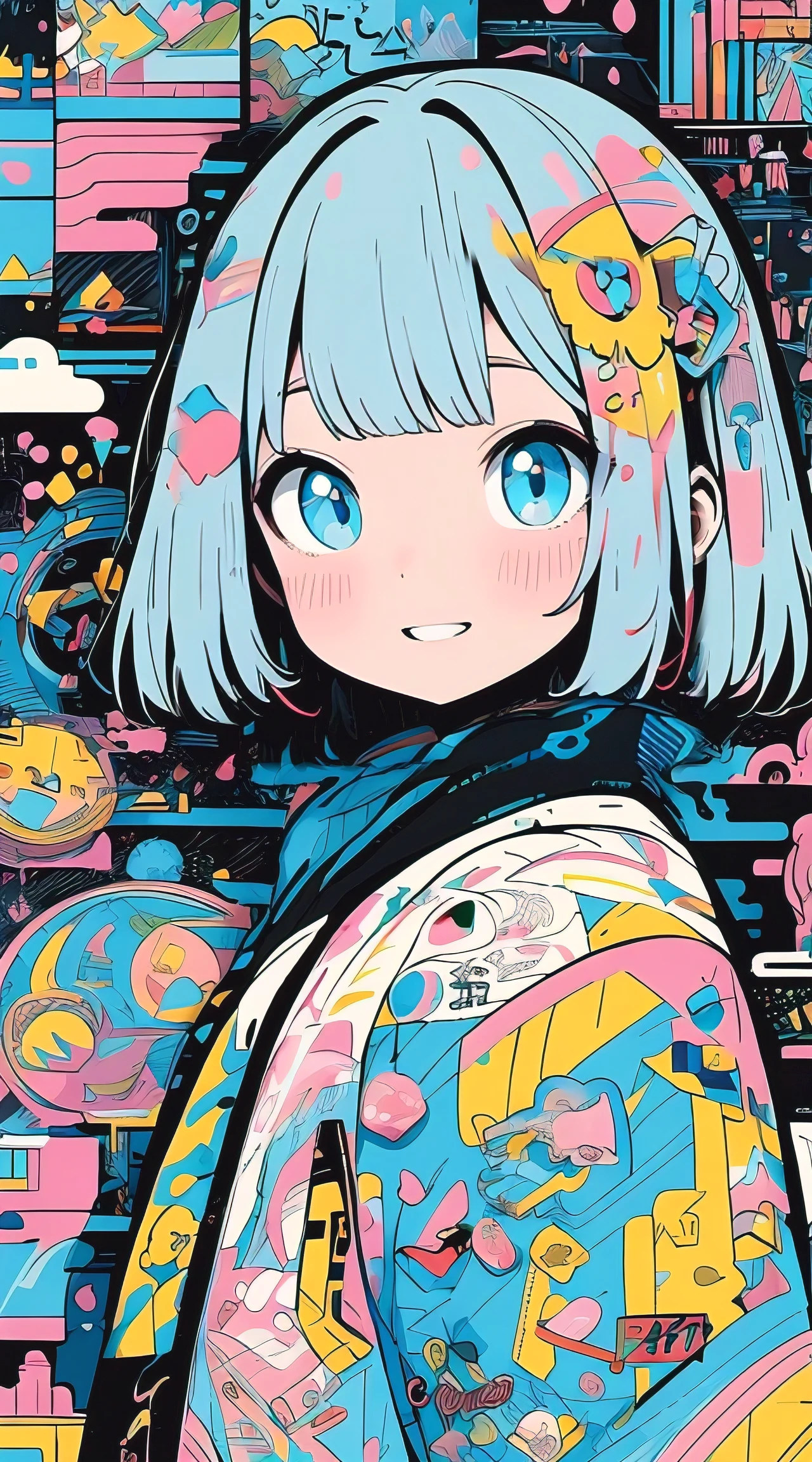 hightquality、Colorful color palette、high-level image quality、Kawaii Girl、Unprecedented amount of drawing、anime styled、Geometric pattern background、front facing、sticker style