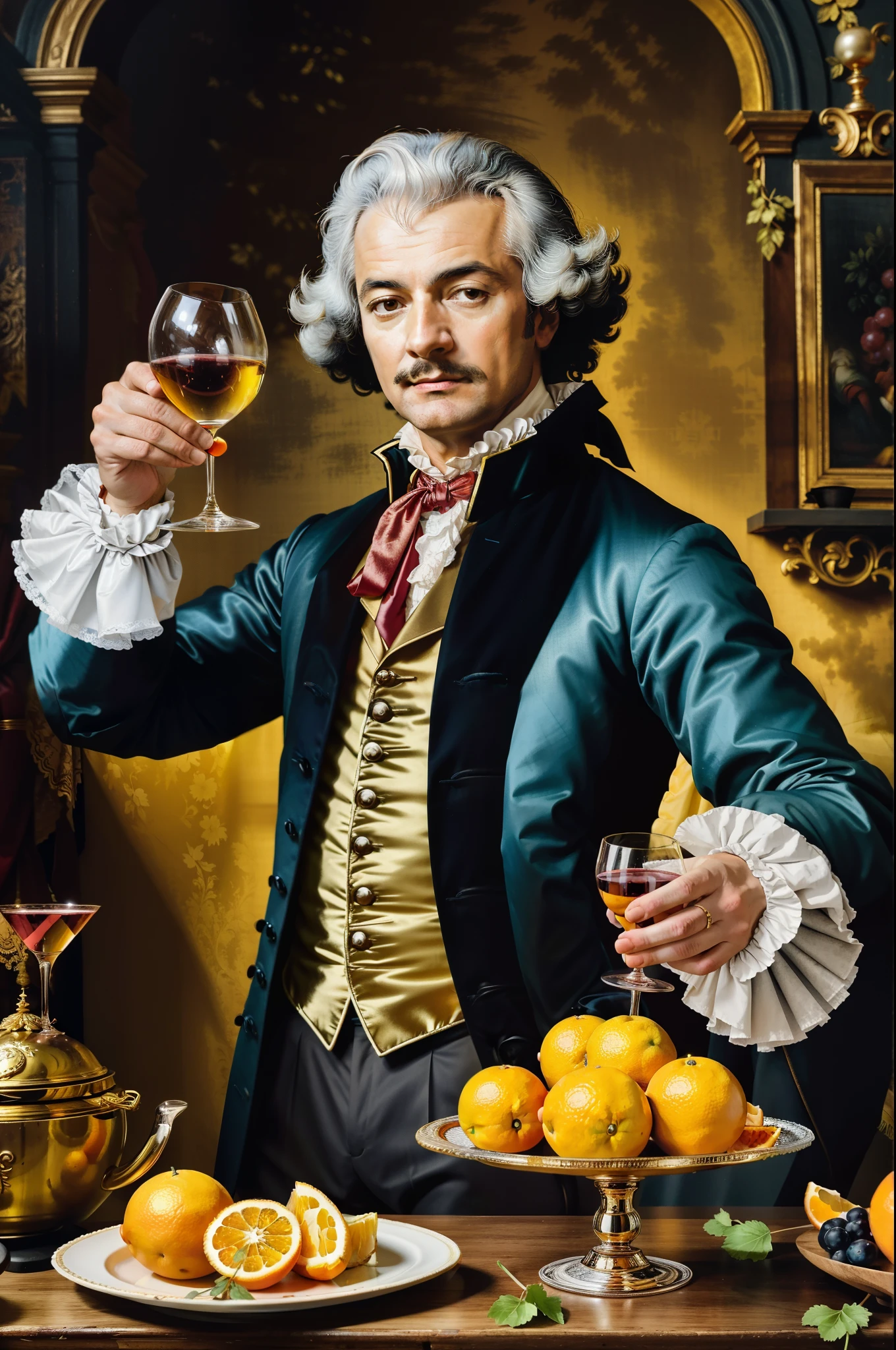 Picture of a man with a glass of wine and oranges in his hands, inspired by Charles-Andre van Loo, inspired by Jean-Baptiste van Loo, inspired by Jacopo Amigoni, inspired by Charles-Amédée-Philippe van Loo, inspired by Louis-Michel van Loo, based on Louis Lenain, inspired by Bartholomeus van der Helst