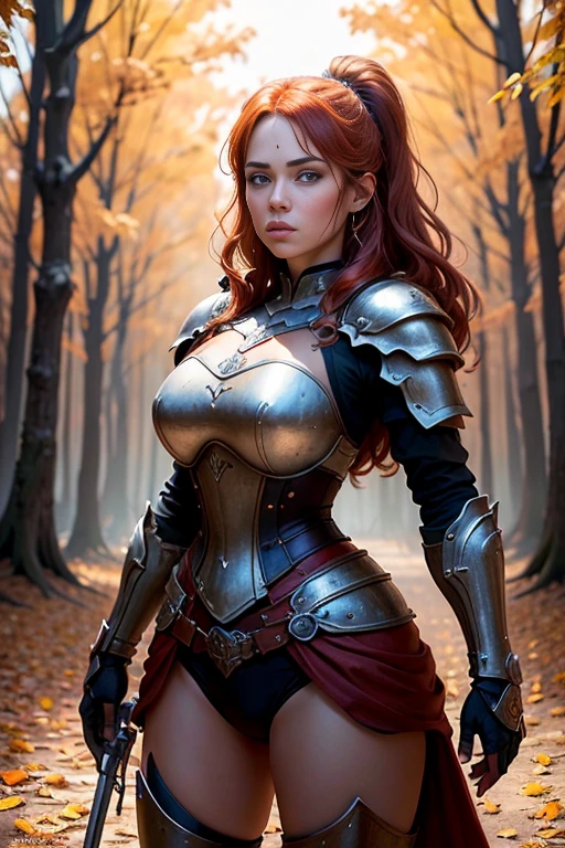 A beautiful and sexy viking raider woman dressed in wolf armor, heavy eyeliner, heavy eyeshadow, beautiful refined face detail, bright light eyes, crooked smile, mischievous glint in her eye, perfect legs, brazen energy, adventurous spirit, Lucious braided red hair, back from a victorious raid, atmospheric fog, ambient light, rim light, an overgrown mountain forest, a great longhouse, nude, abriendo las piernas