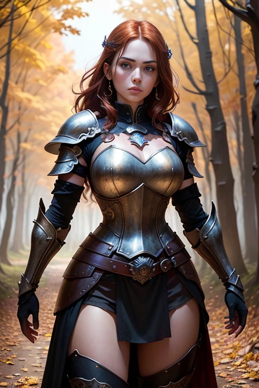 (Young 19 year old woman), (Caucasian with fiery red hair, ojos brillantes, expresiones faciales feroces) (imagen de cuerpo completo) (cuerpo delgado: 0.8) (pechos enormes: 1.5) (armadura medieval de guerrera intrincadamente detallada, capa forrada de piel, corona enjoyada), Their armor is rusted by leaves and wood. seria, extremadamente barroca, rubor suave y cara bonita, postura de ataque, hilt, sosteniendo una cimitarra, Full Scene Action, fondo de bosque, luz solar tenue, verdor, Heroic Fantasy Style, Dramatic lighting with strong contrasts of light and shadow,  (obra maestra: 1.4), (fotorrealista: 1.2), (la mejor calidad), (8k),  (cinematography lighting) (foco nítido),  (epic composition) (Super detail), (ultra HD), Funny whimsical epic movie poster, (disparo a nivel de los ojos) , (Pro Lighting: 1.25)