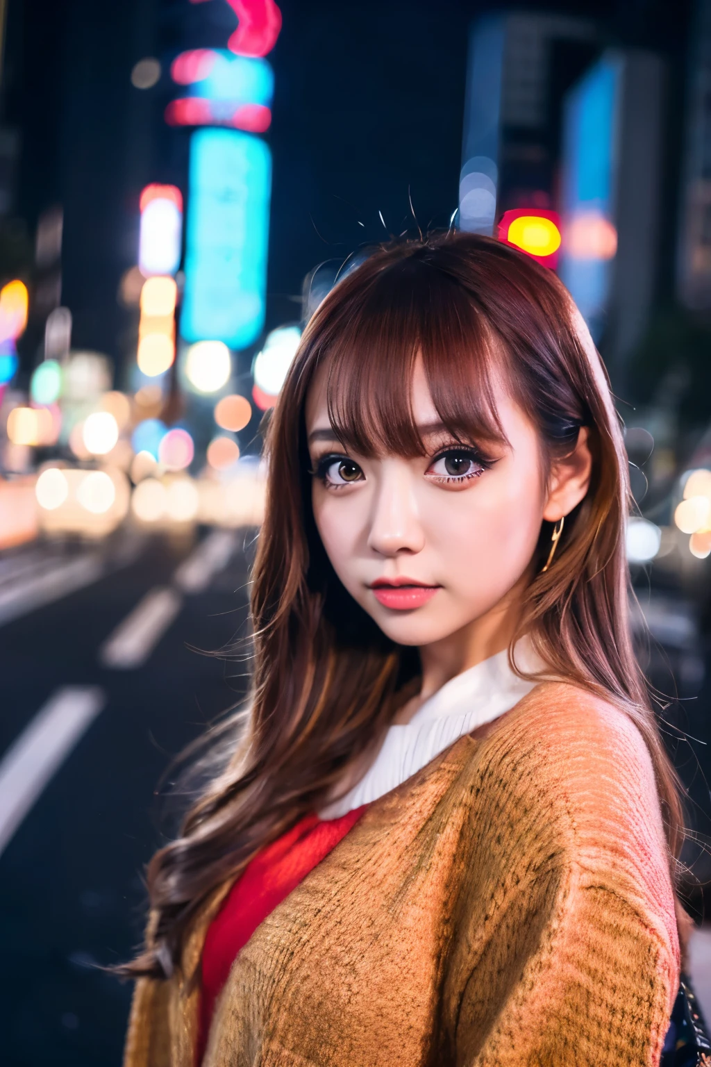 1girl, Tokyo street,night, cityscape,city lights, upper body,close-up, 8k, RAW photo, best quality, masterpiece,realistic, photo-realistic,