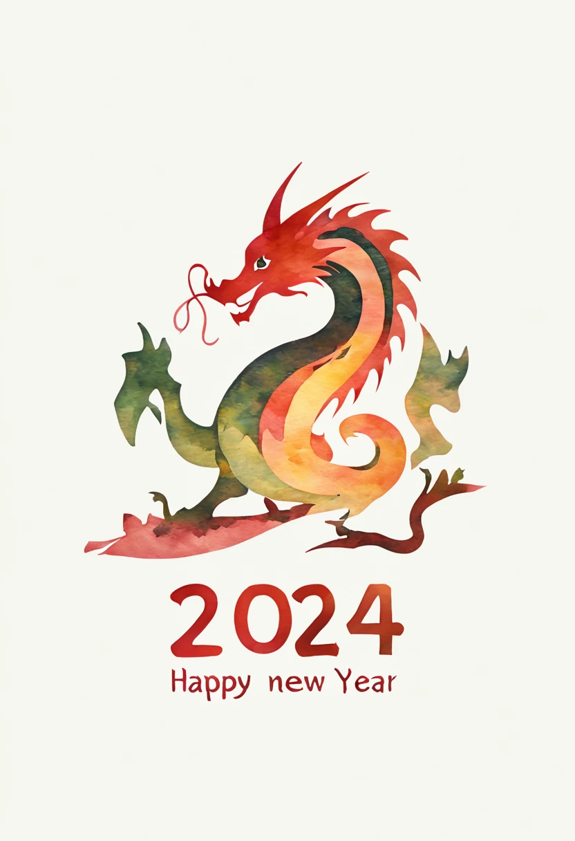 (best quality,ultra-detailed,high resolution:1.2), (ink and watercolor:1.5), Japanese New Year's greetings, ((text"Happy New Year 2024" logo:1.5)), (dragon:1.5), (detailed custom illustration:1.5), bright colors and warm tones, soft and natural lighting.
