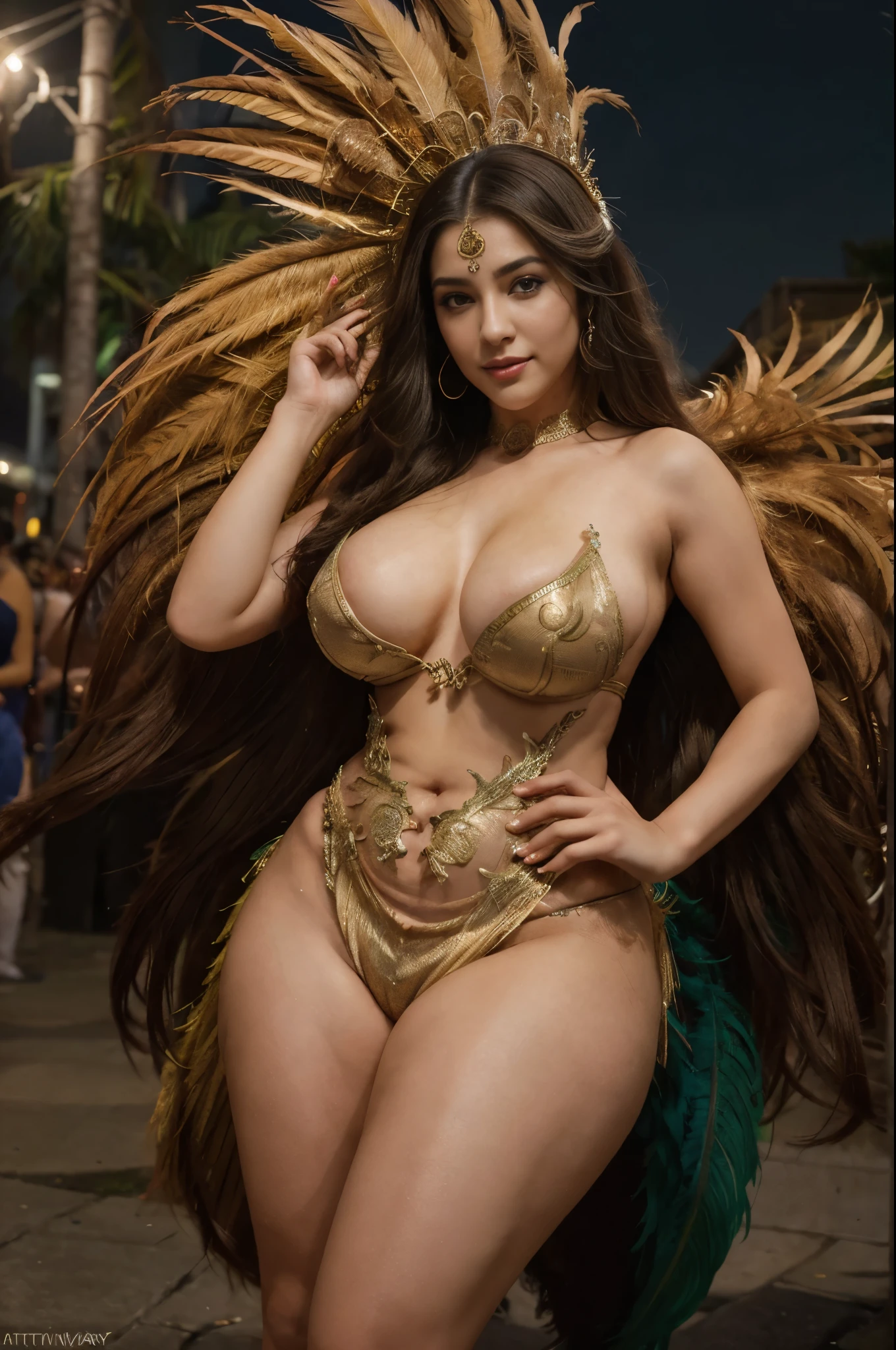Fantasy setting, bright lights, night scene, rio cranival style, carnival costume, (wearing samba dance dress:1.2), exotic feather costume, cranival parade, outdoor, street background, night sky, romantic and seductive, moonlight, wide angle photo of a maya ali, 30 yo, vivacious, beautiful legs, mature body, thick thighs, realistic body parts, cheeks, curvy, big breasts, Hollywood lips, long hair, look at viewer and smile, pleasant mood, calm color palette, vibrant colors, unified 16k wallpaper, ultra realistic, intricate details, masterpiece, (cinematic:1.3), (ArtStation:1.2)