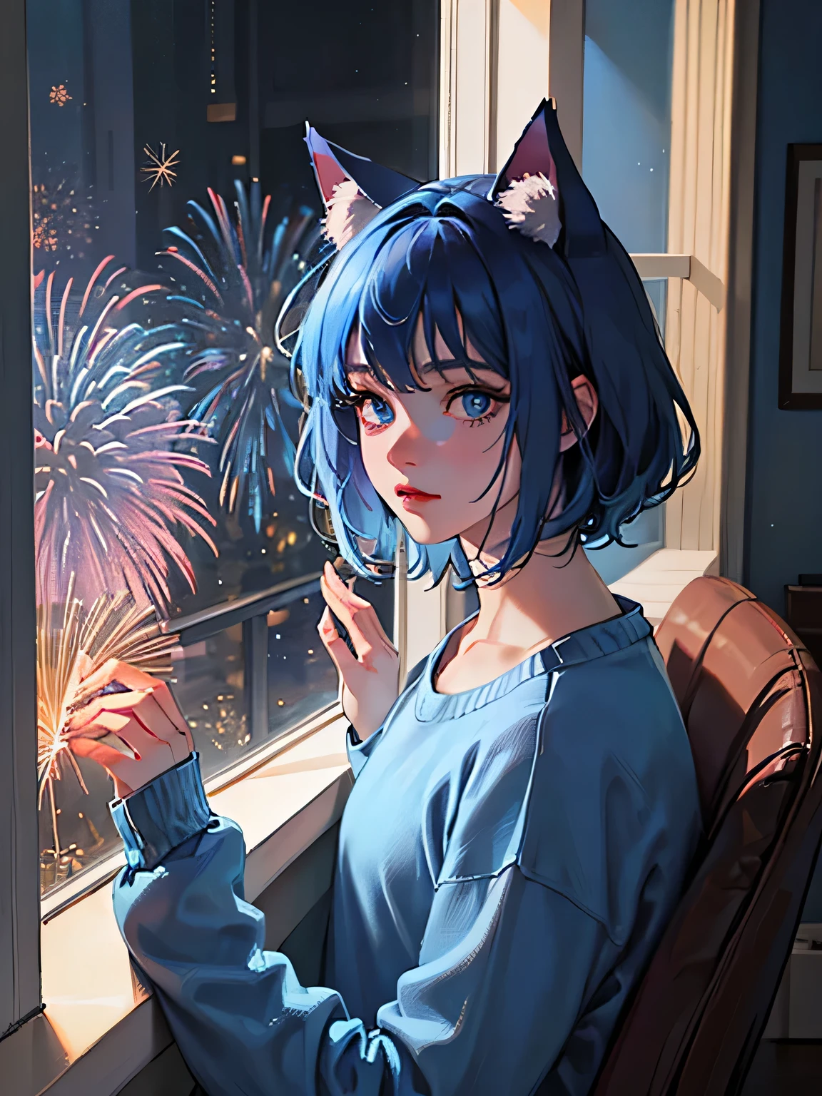 Masterpiece, best quality, super detailed, illustration, a sad boy, short blue hair, blue cat ears, blue eyes ,wearing a sweater in his dark and dreary room, ((looking out the window at the fireworks display on the horizon while feeling alone)).