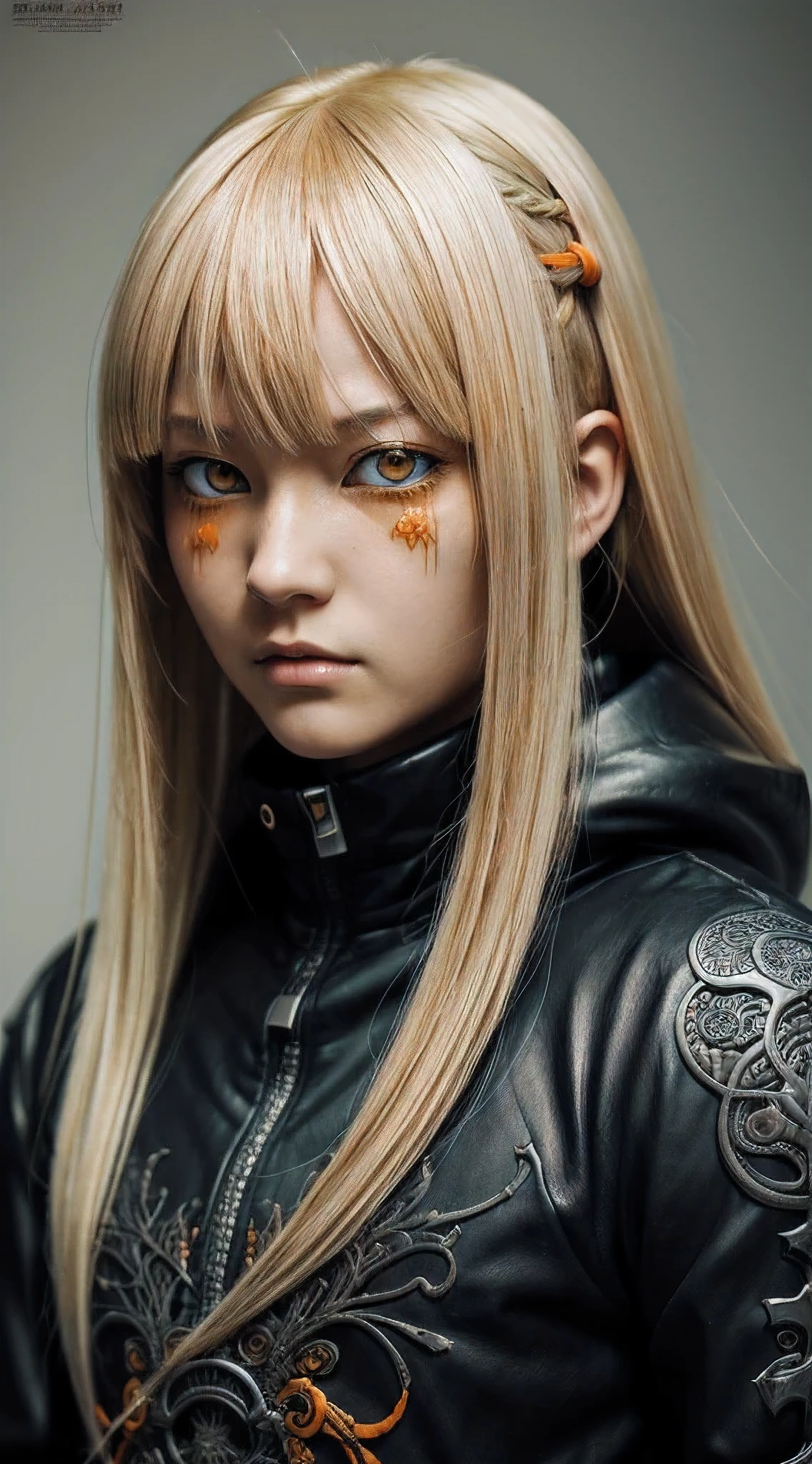 style of Tsutomu Nihei,(incredibly absurdres, (high resolution:1.18), intricate detail, (masterpiece:1.1), (highest quality:1.1), absurdres),(1girl, portrait, BLOND hair, orange eyes, long hair, detailed eyes),