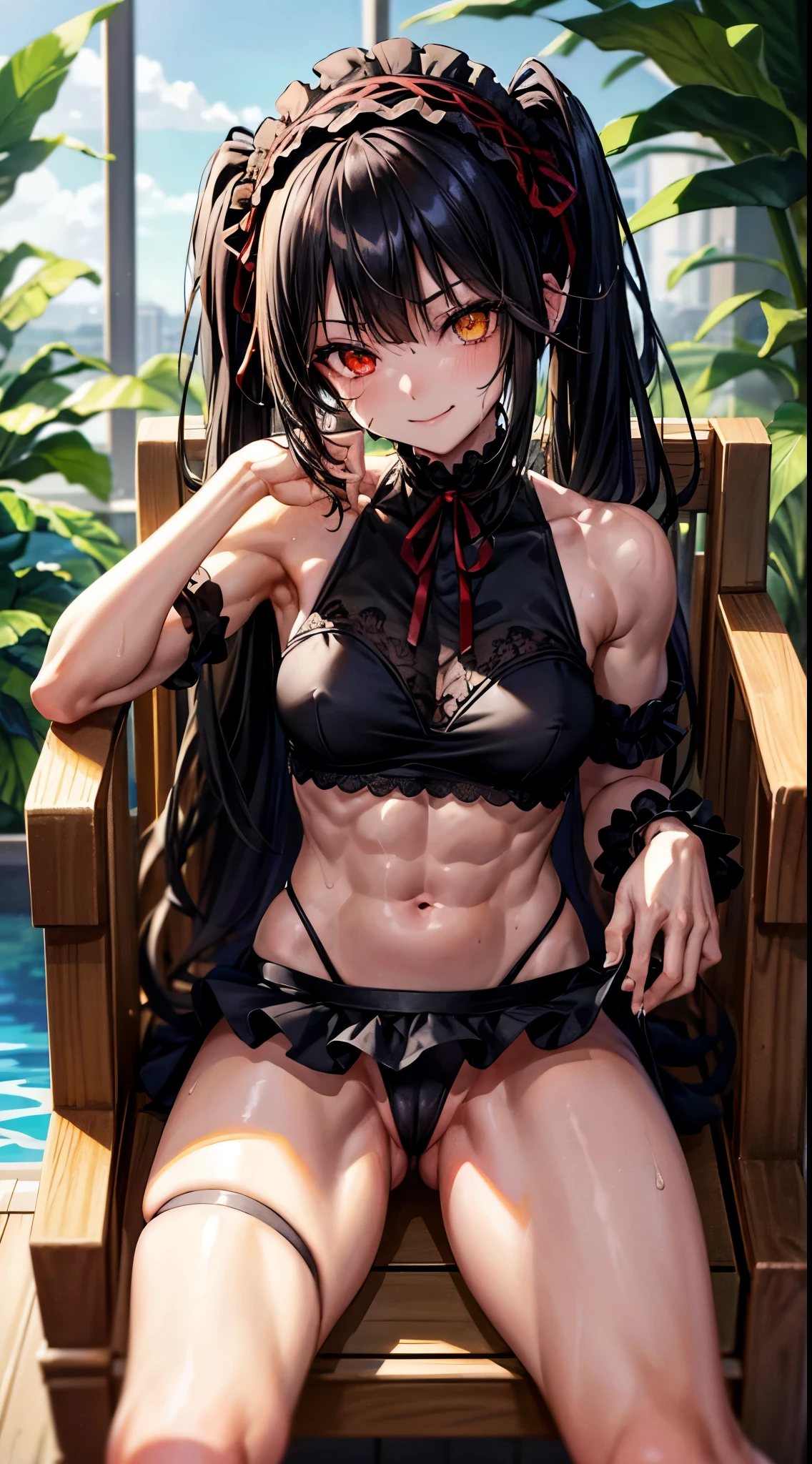 1 girl, bare shoulders, black hair, medium breasts, (muscular legs), (bare legs), white skin, muscular belly, wide hips, thin waist, (((clock eyes))), in the pool with the hot sun , (sitting on the chair with her legs open showing her pussy), full body, hair band, (((all wet))), heterochromia, black high heel shoes, ta hair band, long hair, red eyes, smile malicious, (sly look), only, symbol-shaped pupils, (Kurumi tokisaki), (twintails), yellow eyes