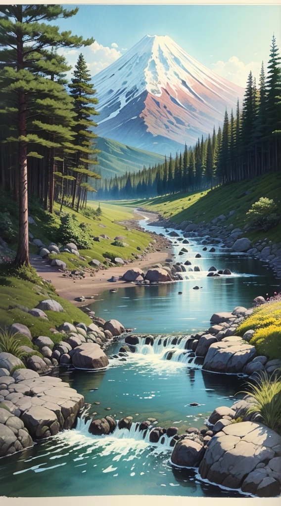 fly-fishing、Yamame、ink and watercolor painting、mountain stream、Mt fuji