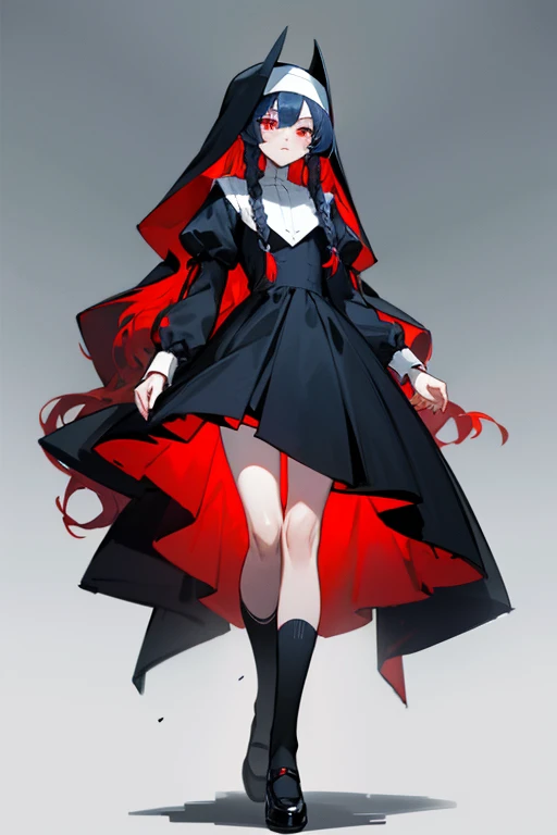 dark blue hair.Perm hair. long wavy hair. curly hair. Oh Dae Oh bangs. Red Eyes. Black nun's dress braided like rice. white knee socks. black shoes.No hat.low saturation.Vampire.purity
