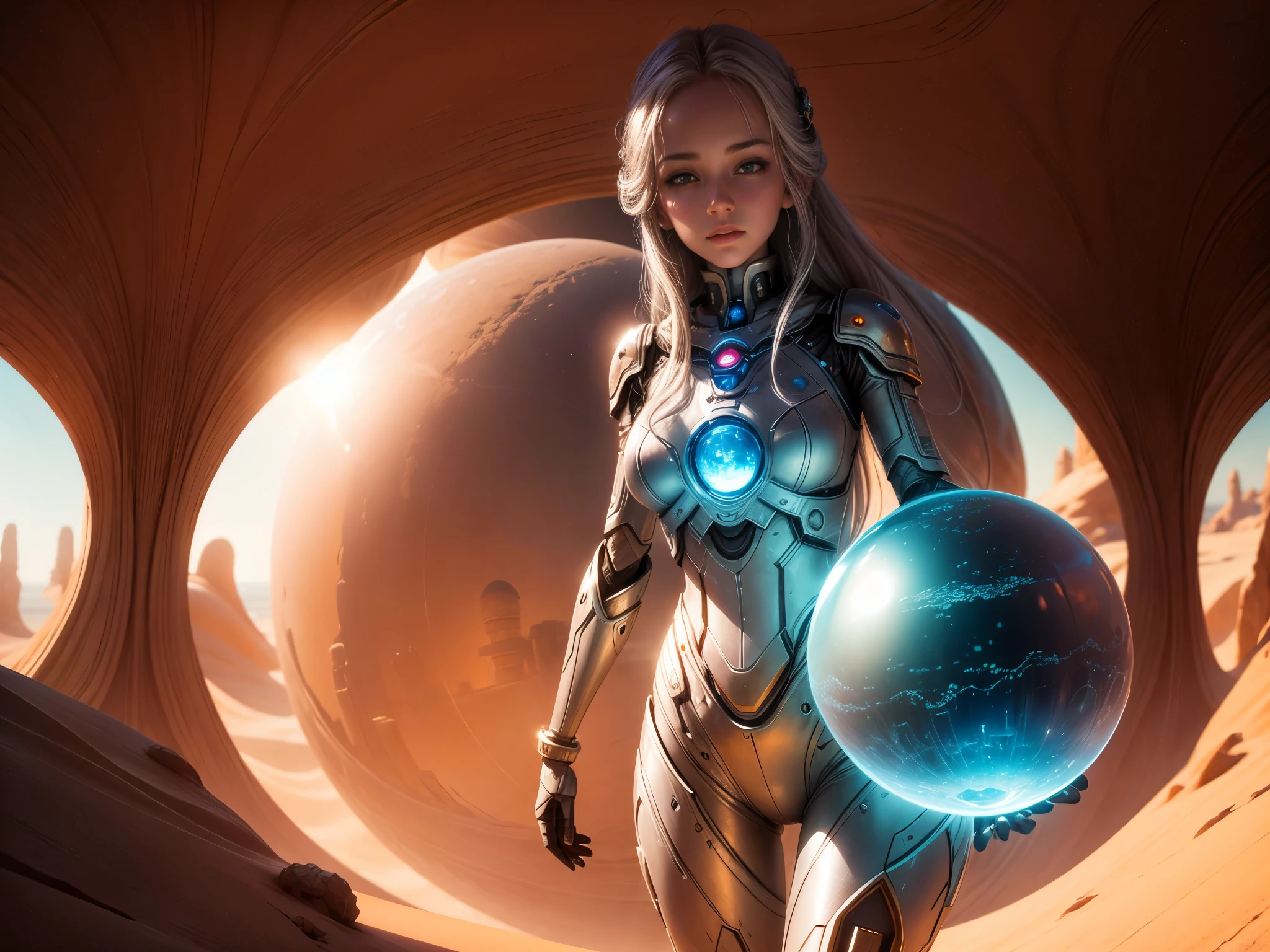 "((Mystical)) glass ball held by a girl in a robot dunes environment, (fantasy) setting, soft sunlight, best quality, high resolution, detailed, ((ethereal atmosphere)), (whimsical composition)."